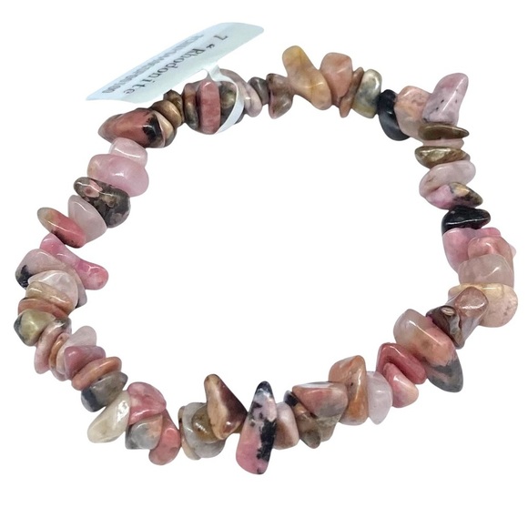 Rhodonite Bracelet Beaded Gemstone Stretch Pink Chip Chips Boho Stone Crystal - Picture 1 of 5